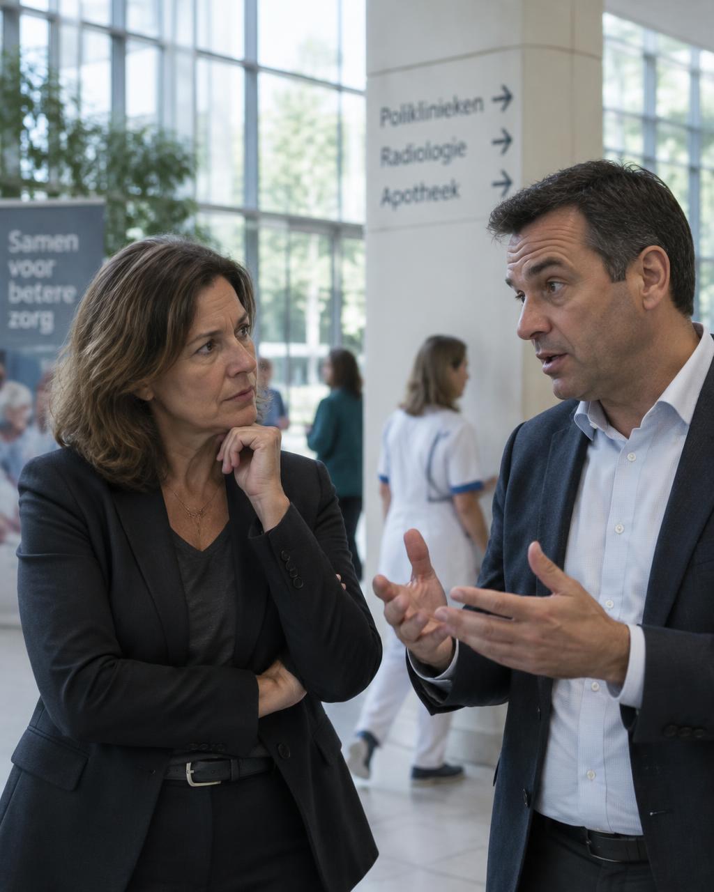 Twee zorgbestuurders in gesprek in het atrium van een zorginstelling