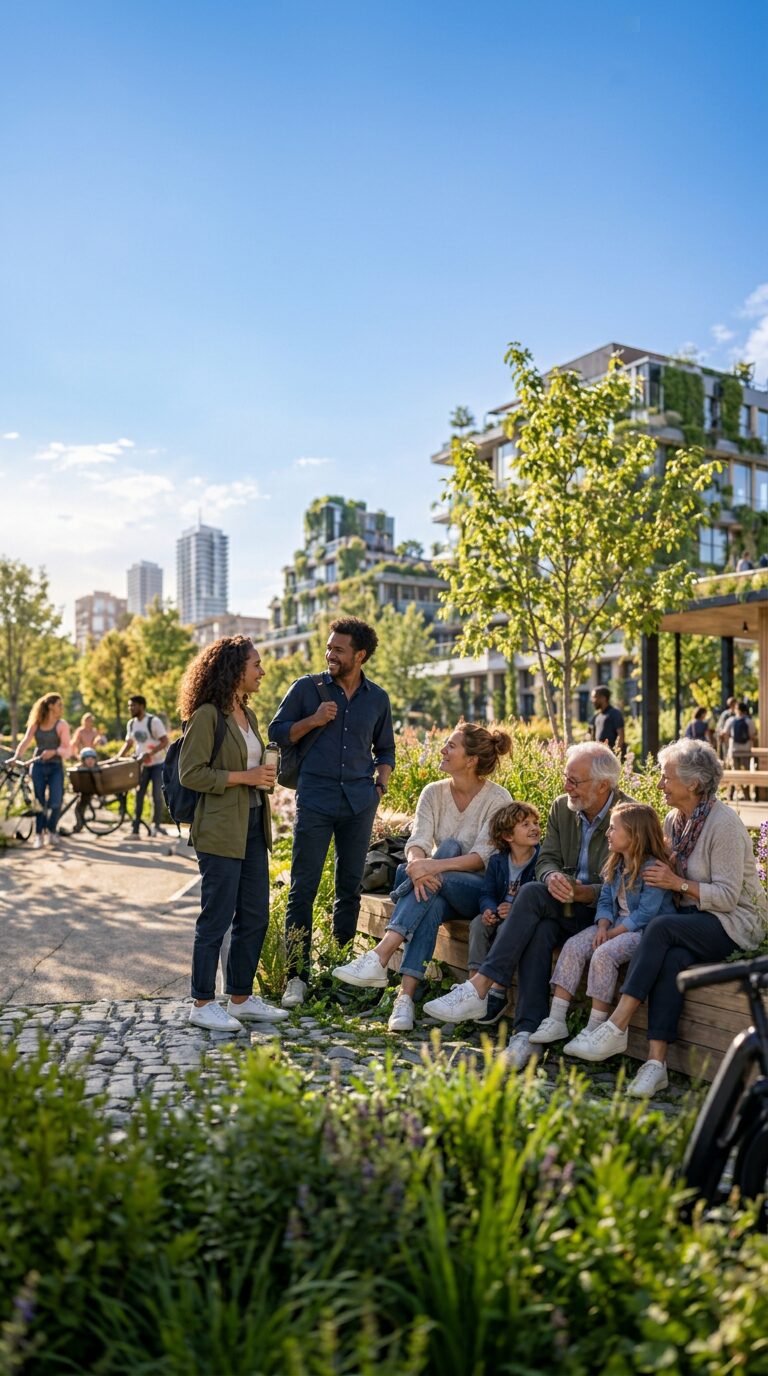 Groene stadstuin met woningen vol planten, mensen in gesprek en kinderen op een bankje