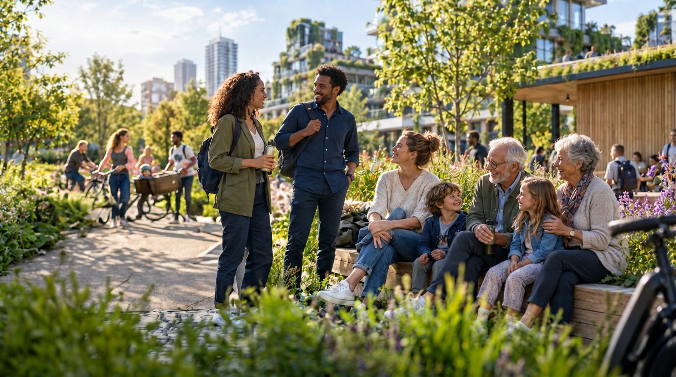 Groene stadstuin met woningen vol planten, mensen in gesprek en kinderen op een bankje